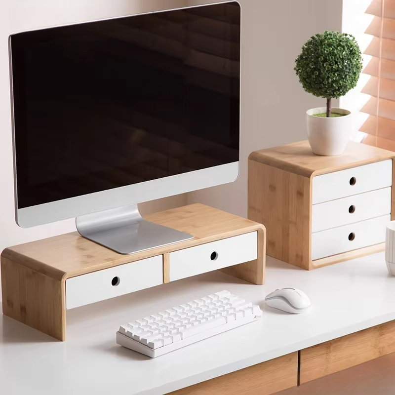 Laptop Stand Bamboo - Bamboe laptopmonitorverhoger Milieuvriendelijke desktoporganizer met lade