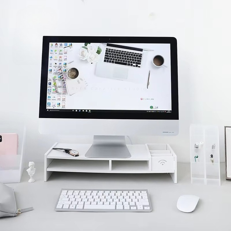 Laptop Stand Bamboo - Ruimtebesparende 2-laags bamboe laptopstandaard, monitorstandaard, verhoger